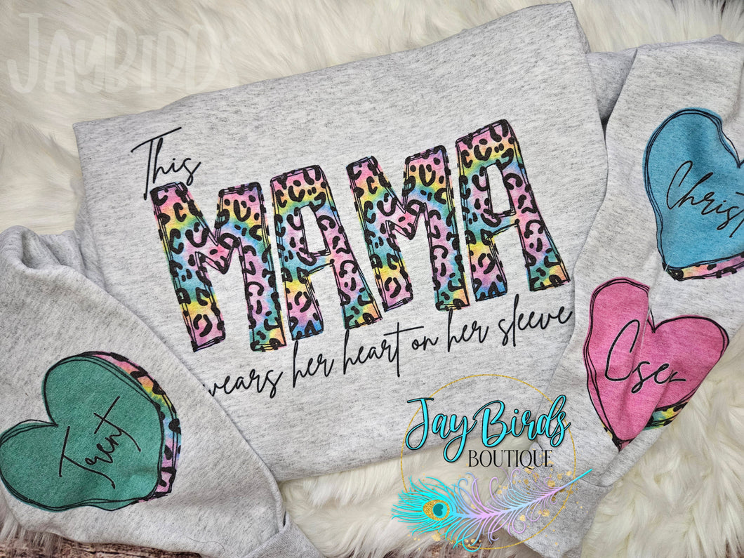 This Mama wears her heart on her sleeve colorful leopard Personalized sweatshirt