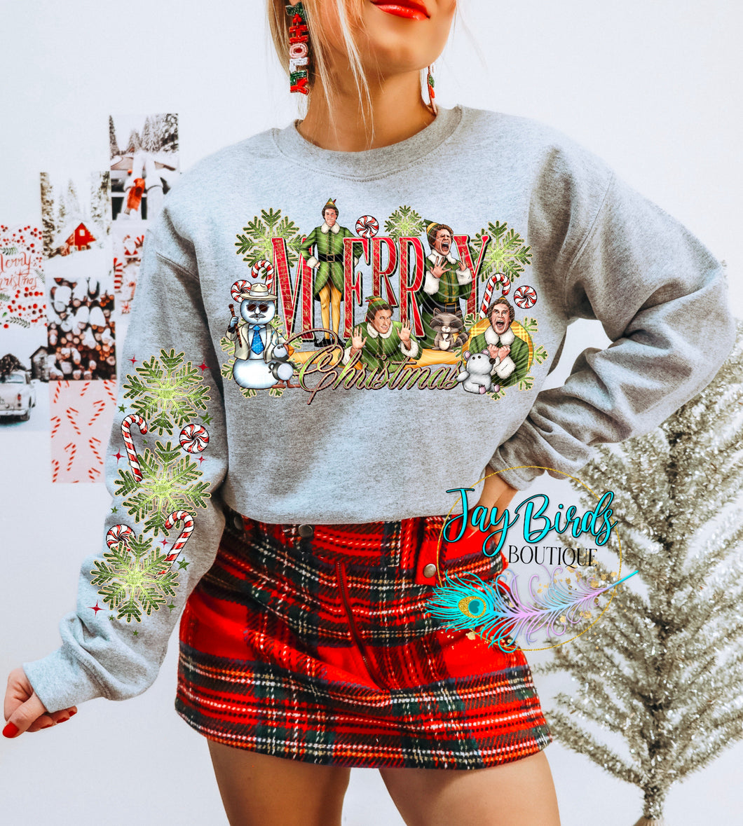 Merry Christmas Elf Fleece Crew W/ Sleeve Print