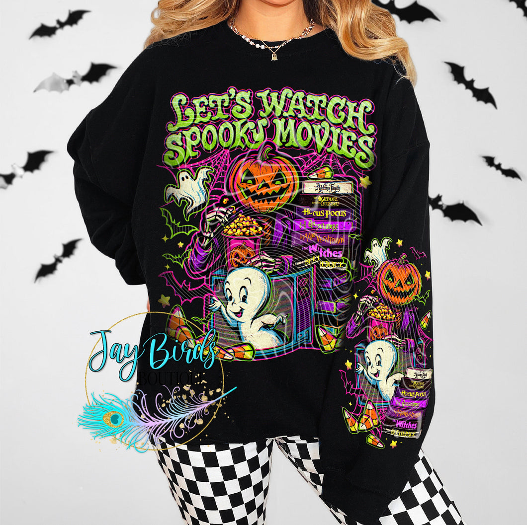 Let's watch Spooky movies Crew W/ Sleeve Print