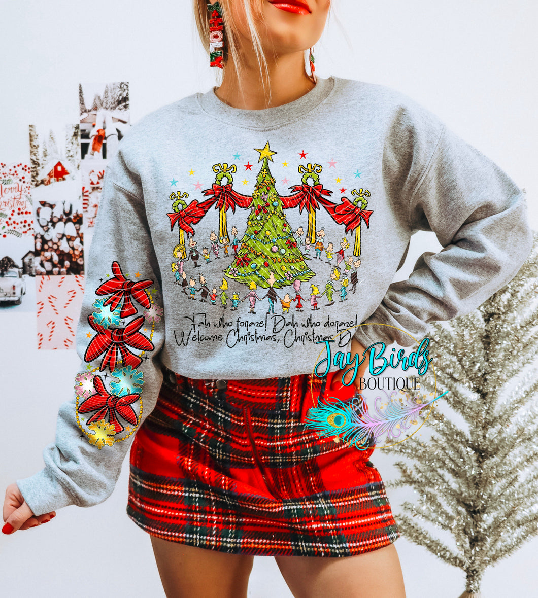 Welcome Christmas Carol Fleece Crew W/ Sleeve Print