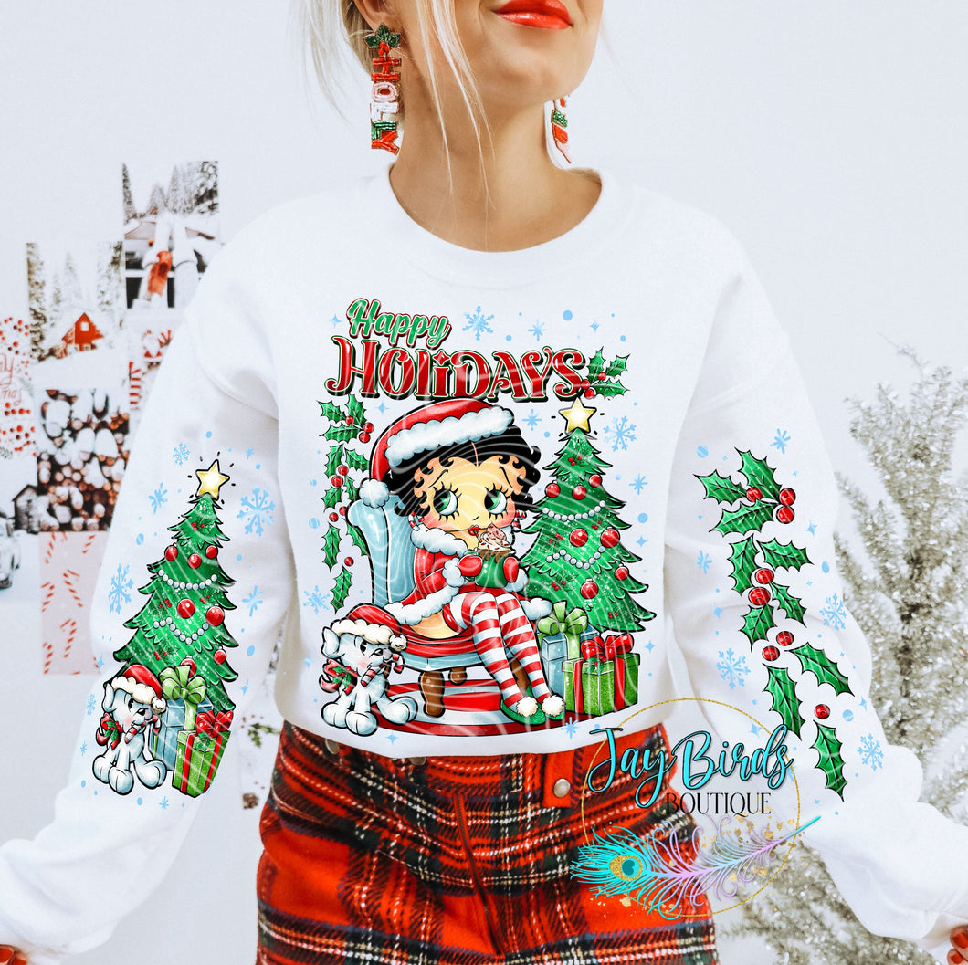 Happy Holidays Betty Fleece Crew W/ Sleeve Print